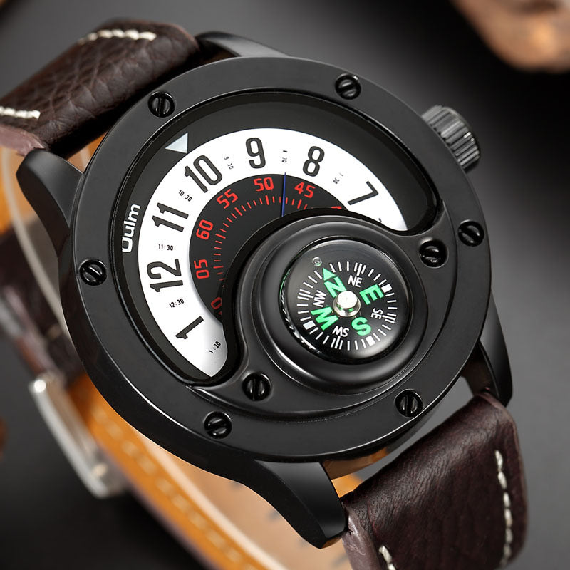 OULM 3880--Leather Watches Decorative Compass Big Size Male Watch PrestigePearls