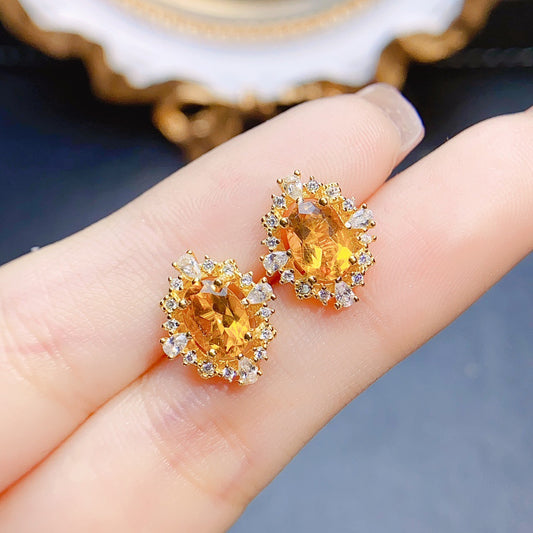 Natural Citrine Stud Earrings S925 Silver Inlaid Main Stone 57 PrestigePearls