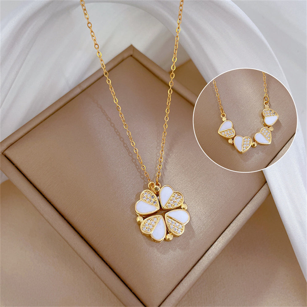 Luxury Four Leaf Clover Pendant Necklace Stainless Steel Crystal Heart Jewelry For Women Gift PrestigePearls