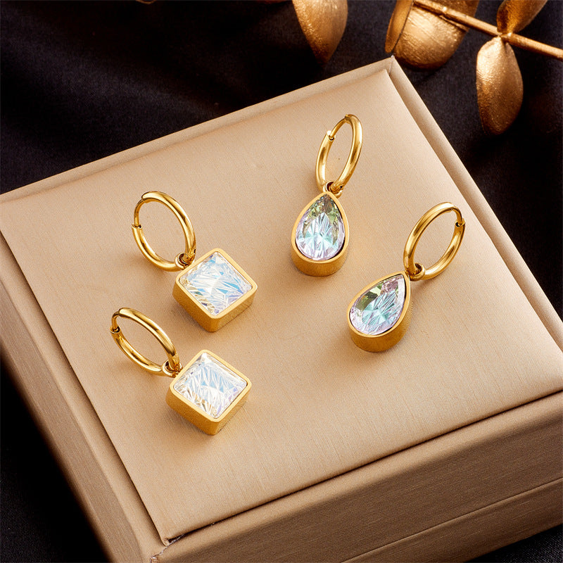 Drop-shaped Square Color Zircon Pendant Gold Eardrop Earring PrestigePearls