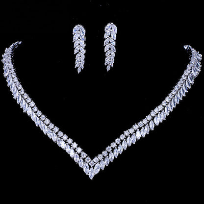 Bridal Wedding Jewelry Zircon Leaf Necklace Earrings PrestigePearls