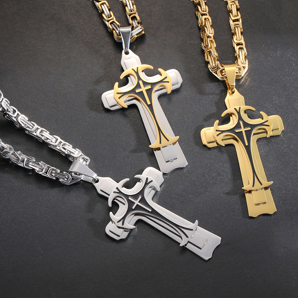 Fashion Jewelry Christian Trinity Latin Cross Necklace For Men Stainless Steel Three Layers Cross Pendants Necklaces Jewelry Gift PrestigePearls