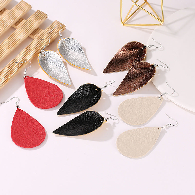 Leaf Drop PU Artificial Leather Earrings PrestigePearls