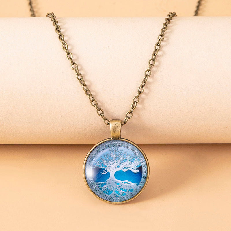 Blue Tree Of Life Glass Dome Cabochon Pendant Necklace - prestigepearls