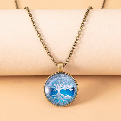 Blue Tree Of Life Glass Dome Cabochon Pendant Necklace - prestigepearls