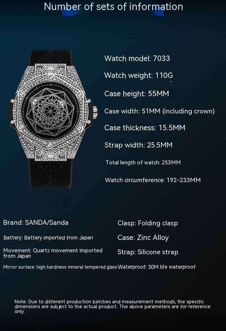 SANDA 7033-- Men's Diamond Geometric Dial Luminous Waterproof Quartz Watch PrestigePearls