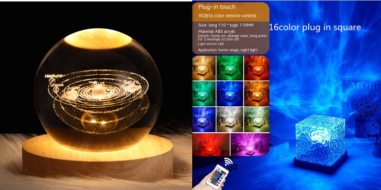 LED Water Ripple Ambient Night Light USB Rotating Projection Crystal Table Lamp RGB Dimmable Home Decoration 16 Color Gifts - prestigepearls