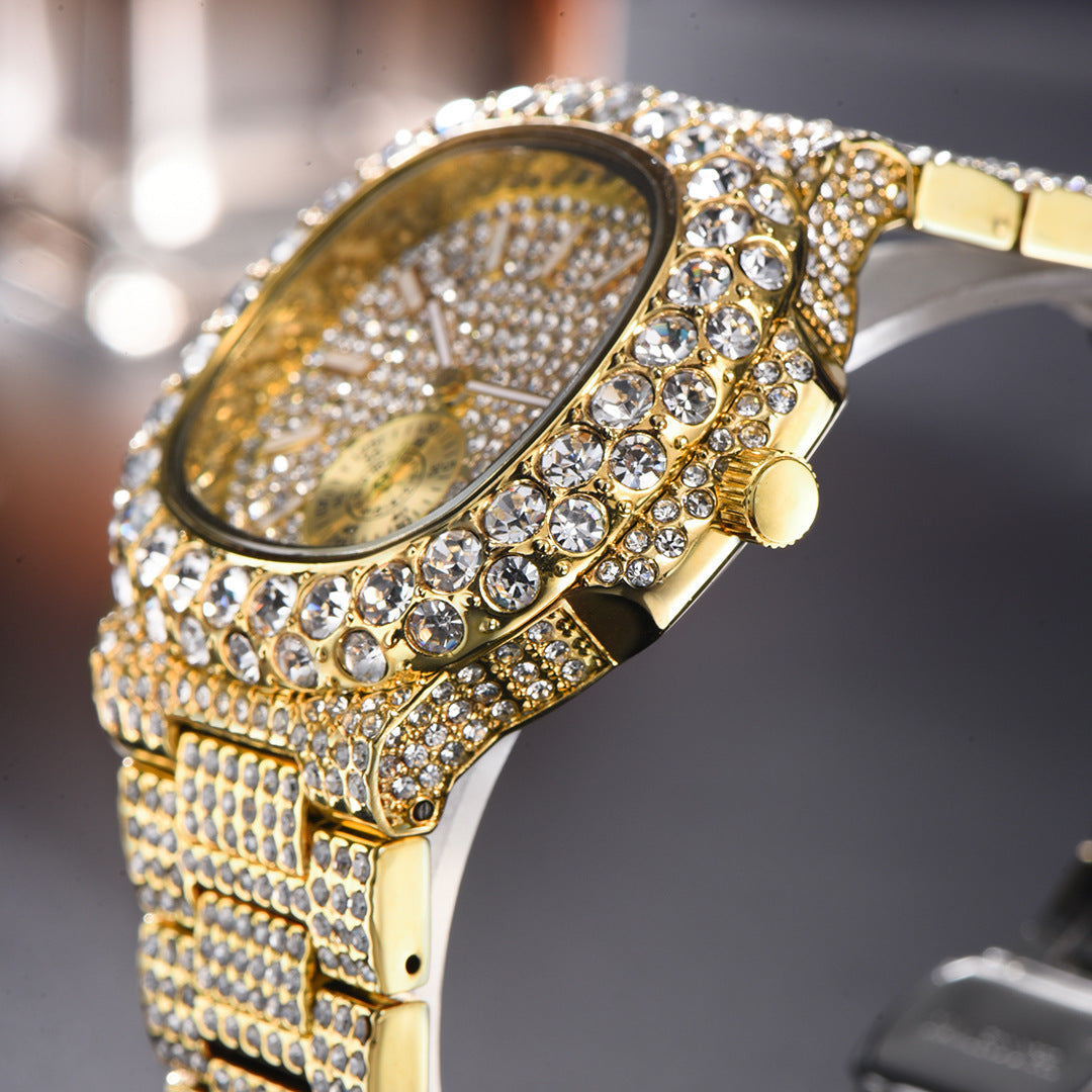 Full Diamond Hip Hop Calendar Luminous Quartz Waterproof Business Men's Gold Watch PrestigePearls