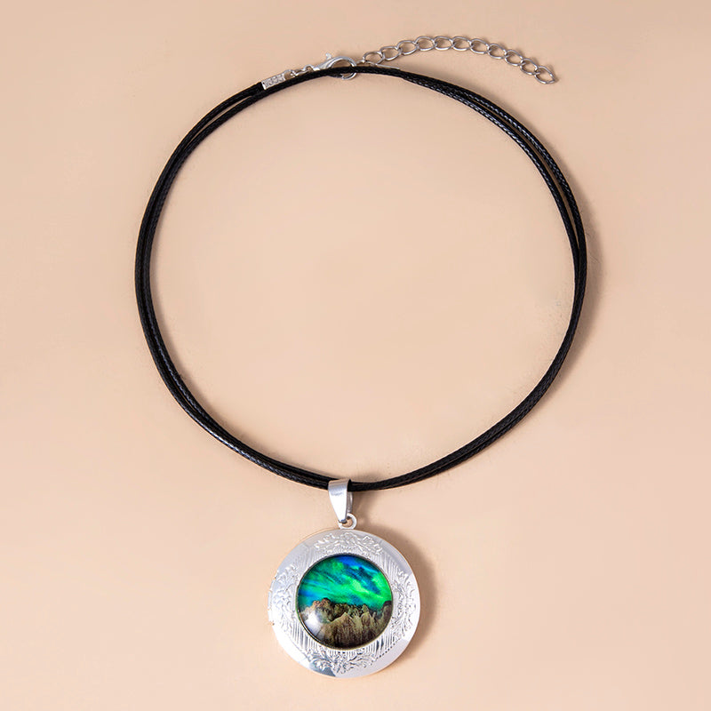 Nebula Aurora Mountain Locket Necklace Vintage Glass Photo Frame Pendant Necklaces PrestigePearls