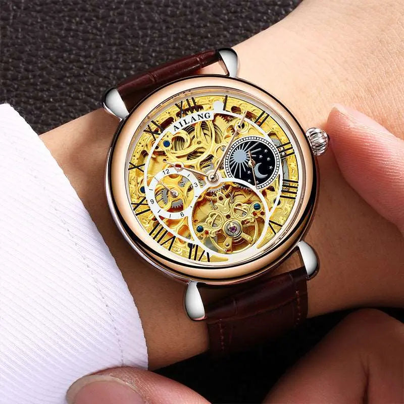 AILONG AL-6889-- Gold Hollow Movement moon phase Automatic Mechanical Watch