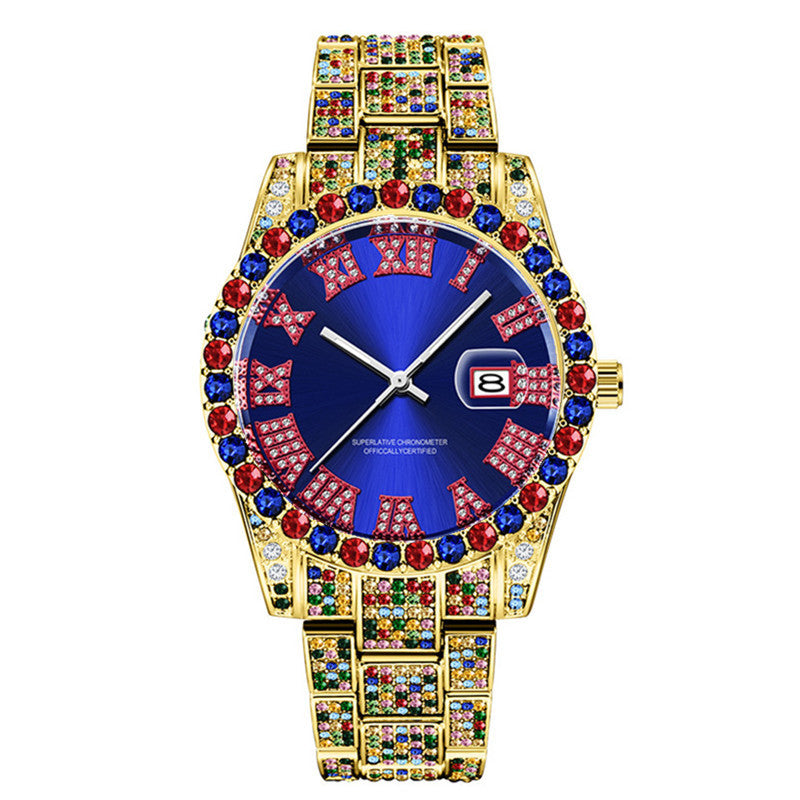 Hip Hop Men Fashion Color Full Diamond Date Quartz Watches PrestigePearls