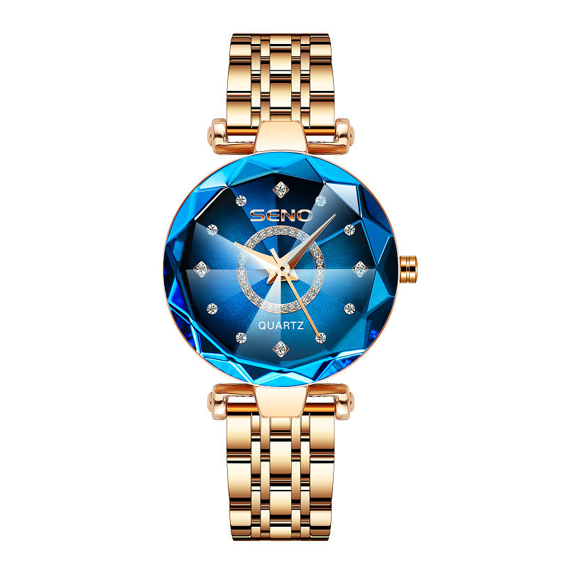 SENO__ Starry Diamond Face Bright Polygonal Glass Solid Stainless Steel Strap  Watch PrestigePearls