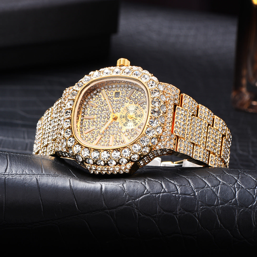 Full Diamond Hip Hop Calendar Luminous Quartz Waterproof Business Men's Gold Watch PrestigePearls