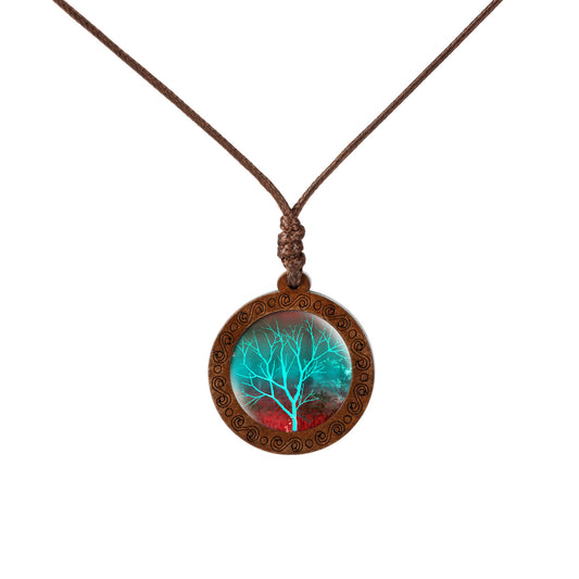 Wood Tree Of Life Time Stone Glass Pendant Necklace PrestigePearls