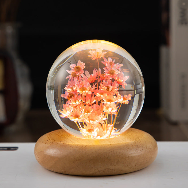 LED Night Light Flower Crystal Ball Children Night Lamp With Woodern Base Bedroom Ambient Light Creative Gift Night Light - prestigepearls