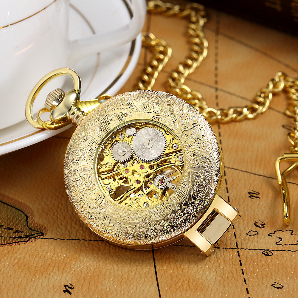 ORKINA-- Flip Manual Mechanical Pocket Watch Roman Engraved Skeleton PrestigePearls