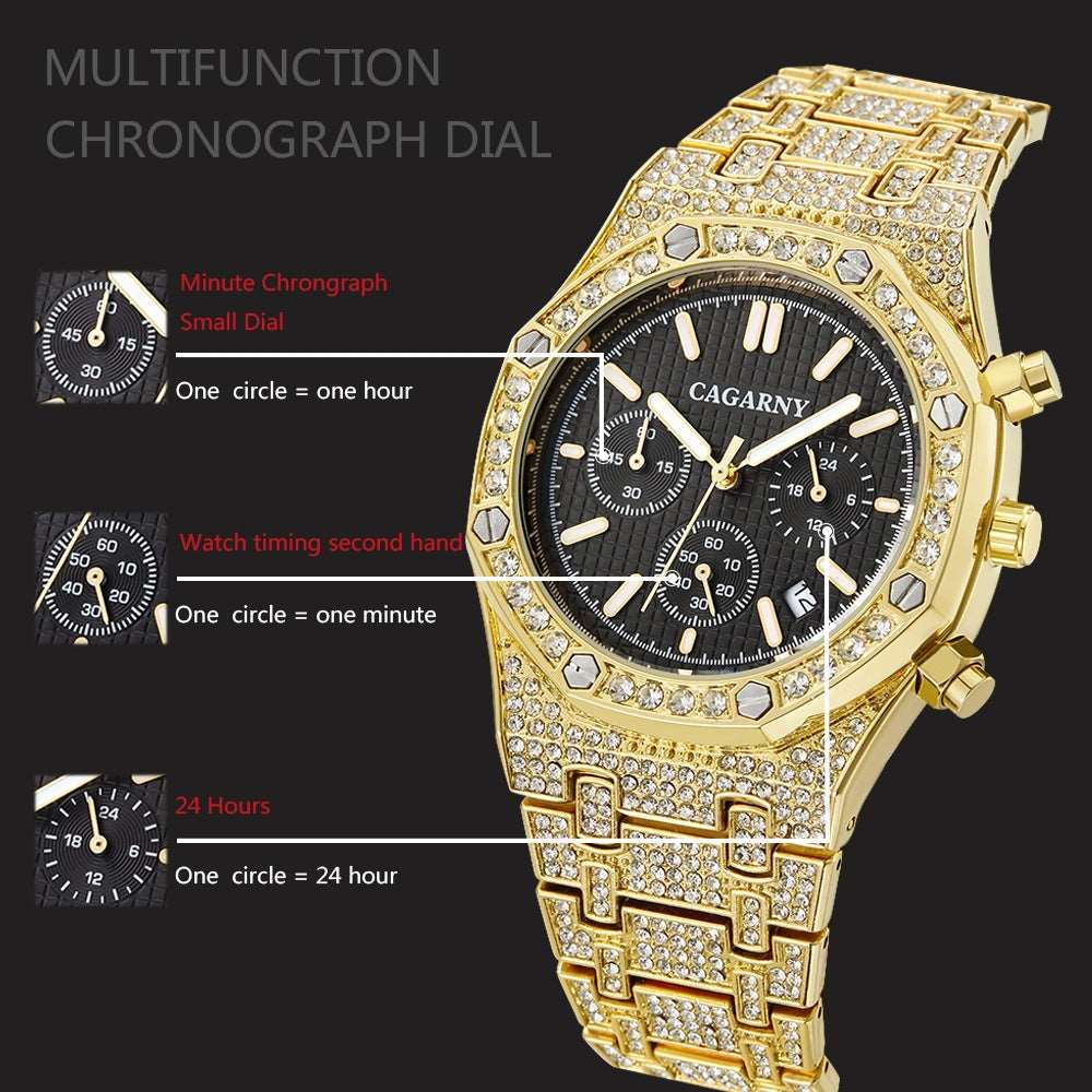 CAGARNY 6881--Shang Sports Business Men's Watch With Gold And Diamonds