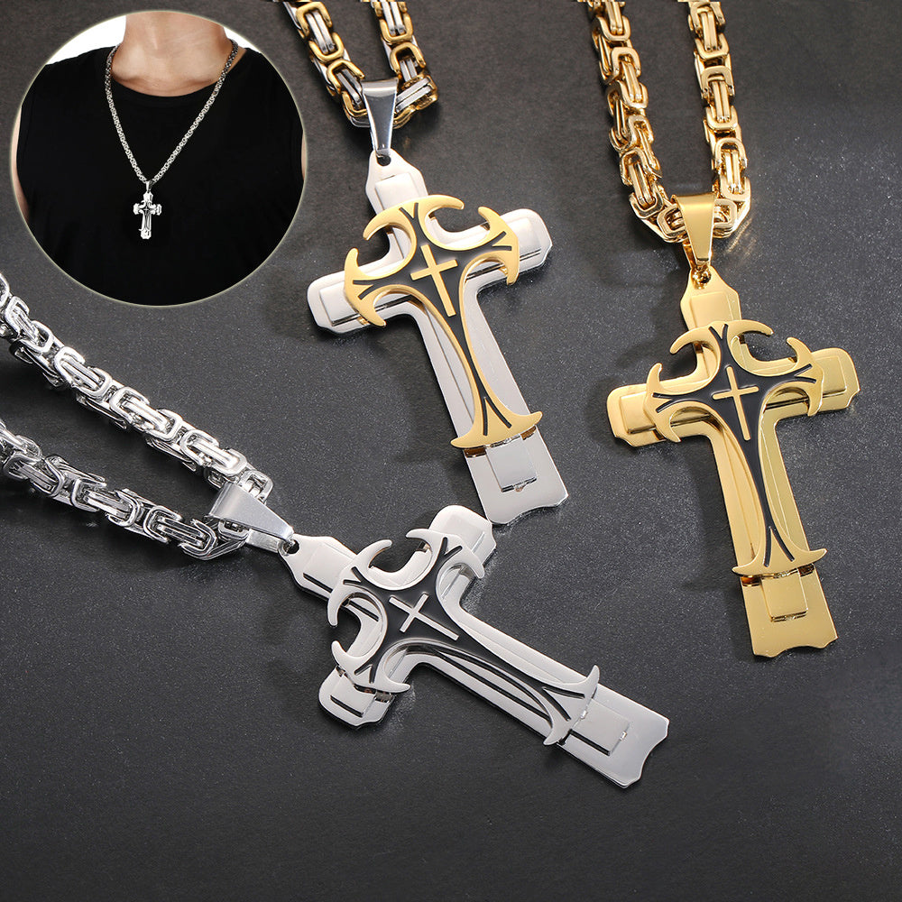 Fashion Jewelry Christian Trinity Latin Cross Necklace For Men Stainless Steel Three Layers Cross Pendants Necklaces Jewelry Gift PrestigePearls