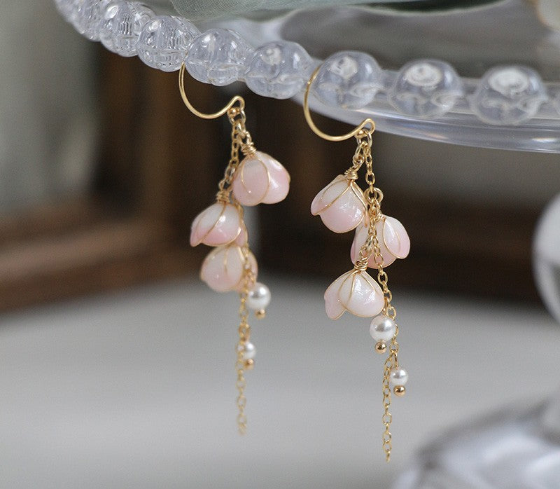 Handmade Flower Bell Orchid Petal Flower Long Tassel Earrings PrestigePearls