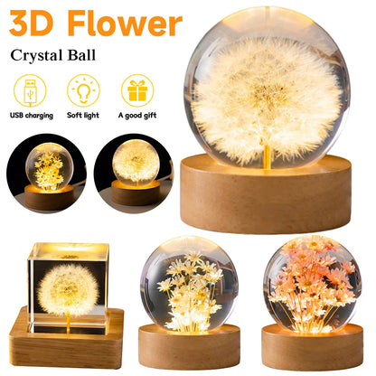 LED Night Light Flower Crystal Ball Children Night Lamp With Woodern Base Bedroom Ambient Light Creative Gift Night Light - prestigepearls