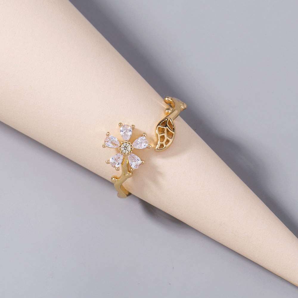 Light Luxury Niche Design Zircon Flower Leaf Ring - prestigepearls