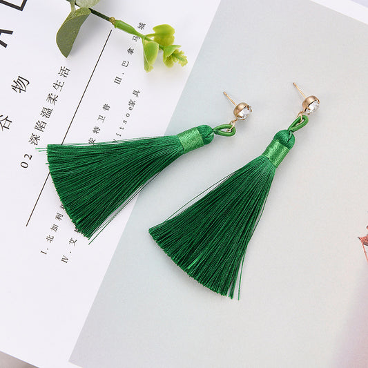 Rhinestone  Female Long Green Tassel Personalized Earrings PrestigePearls